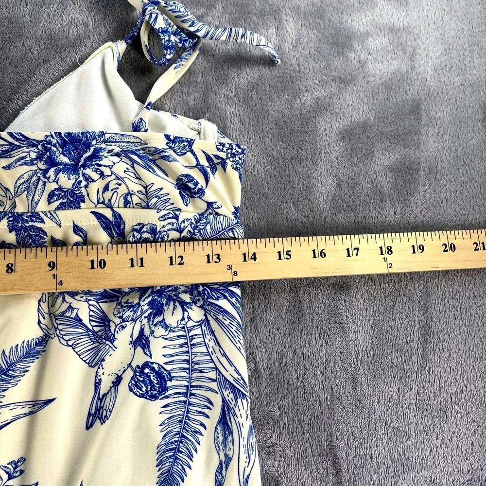 One Piece Swimsuit M Blue Cream Toile Floral Tie Strap Coastal Botanical Toile